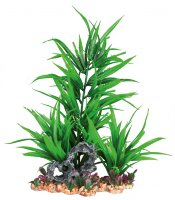 Декорация для аквариума растение пластиковое на каменной подложке, 28 см зеленое
