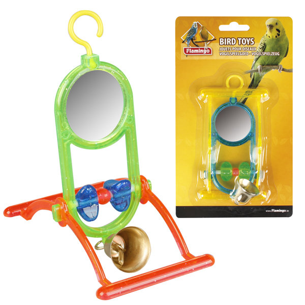 Игрушка для попугаев зеркало с колокольчиком и жердочкой Mirror + Bell, 12 x 7 x 16,5 см (Карли-Фламинго)